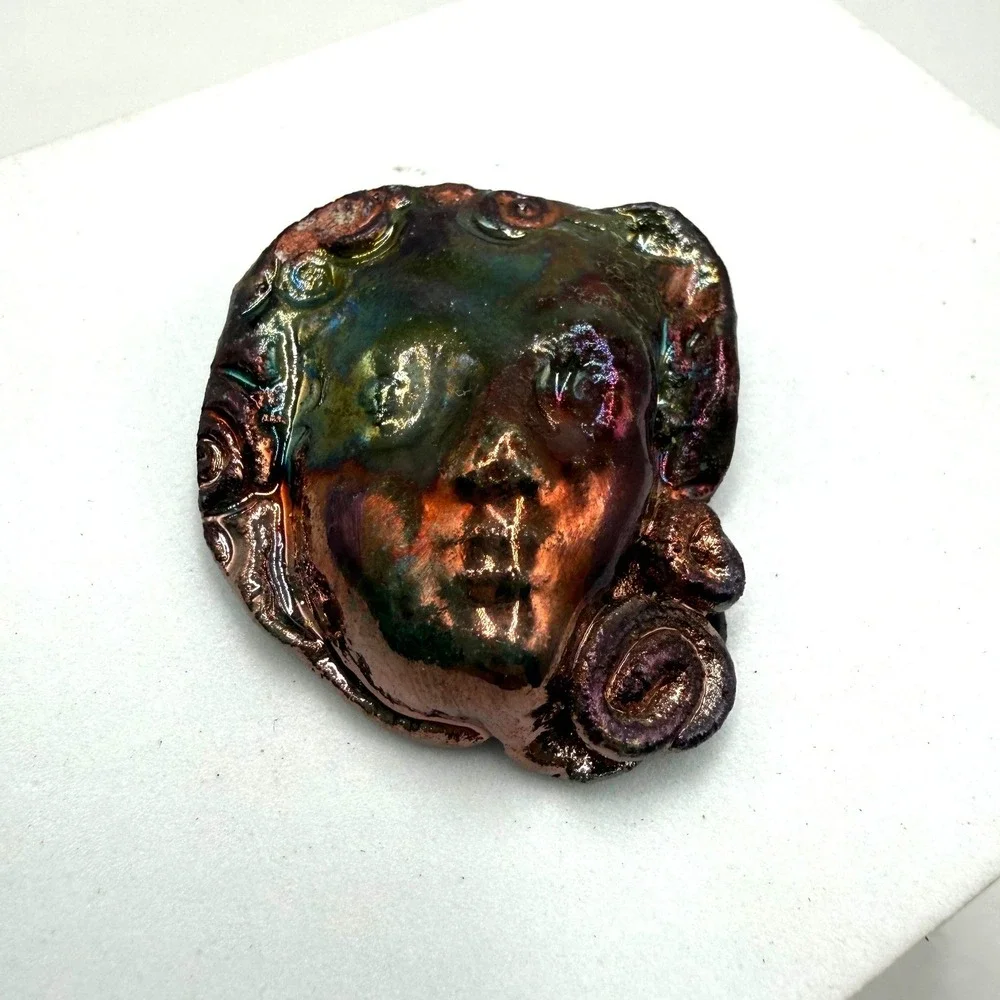 Artisan Iridescent Raku Ceramic Face Brooch Metallic Oil Slick Glaze Pin